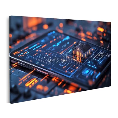 islandburner Bild auf Leinwand Haus auf futuristischem Interface mit Beleuchtung für Wohnzimmer Technikliebhaber Elektronikmarkt Bilder Wandbilder Poster