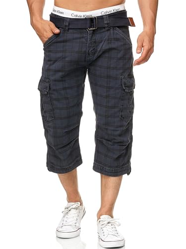 Indicode Herren Nicolas Check 3/4 Cargo-Shorts inkl. Gürtel | Herrenshorts aus Baumwolle Navy Check L