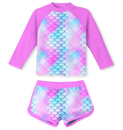 ALISISTER 2teiliges Langarm Badeoutfit für Mädchen 3-4 Jahre Schwimmbekleidung mit UV-Schutz für den Sommer Strand Lila