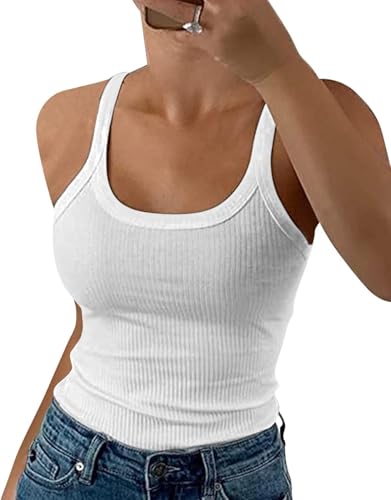DUOEASE Spaghetti Top Damen Sommer Weiß 2025 Gerippt Rundhals Tank Top Basic Einfarbig Slim Fit Stretch Top-Weiß-S