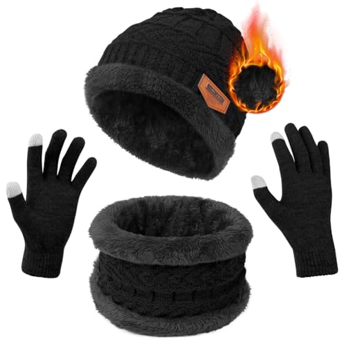 Flintronic Wintermütze, Schal und Touchscreen Handschuhe Set - Fleece-Innenfutter Warm Beanie Mütze für Herren & Damen - Elastische Mütze mit Rundem Schal