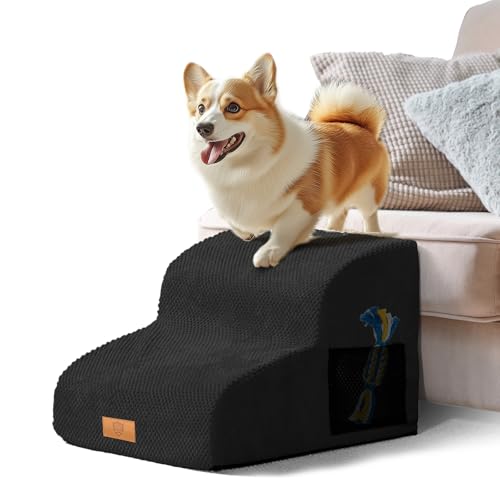 Masthome Hundetreppe für Kleine Hunde | 2-Stufen Haustiertreppe & Hunderampe mit Anti-Rutsch-Oberfläche | Katzentreppe für Alte Katzen | Leichtes Tierhilfe für Betten, Sofa (Schwarz, Stabil, Kompakt)