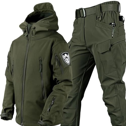 KEAAN Herren-Angleranzug, Winter, Haifischhaut, Softshell-Fleece, dick, Bergsteigen, Camping, Kleidung, Taktiktraining, wasserdicht, Set - Armeegrün | L