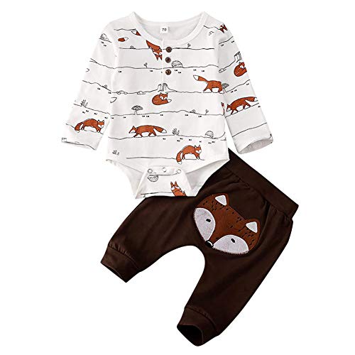 Geagodelia 3tlg Babykleidung Set Baby Jungen Kleidung Outfit Body Strampler + Hose + Mütze Neugeborene Kleinkinder Weiche Babyset Tier (0-3 Monate, Fuchs (Weiß & Braun - Langarm))