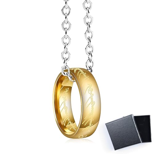 Herr der Ringe Anhänger Halskette Kette LOTR Cosplay 'The One Ring to Rule Them All'Hobbit Elf Elven Goldring Gandalf Keltisches Amulett Lajup-Kette 60cm