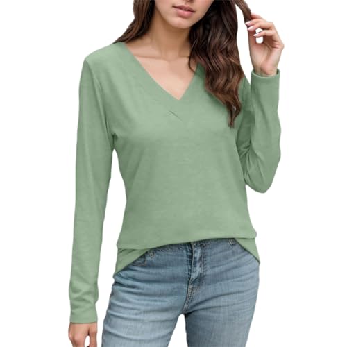 Damen V-Ausschnitt Langarmshirts Elegante Casual Herbst Tops Trendy Loose Tunika Tops Bluse Wickeloberteil Damen (Green, XS)