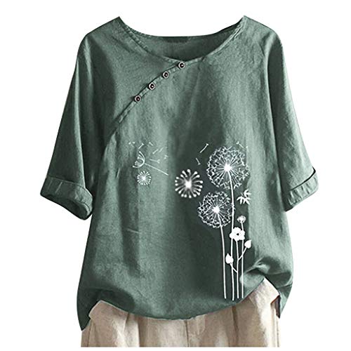 KOG Warehouse Deals Angebote Damen Shirts Lässig Baumwolle Leinen Oberteile Sommer Baumwolle Tuniken Frau Tee Retro Grafik Drucken Kleidung Teenager Rundhals T-Shirts Prime Grün 3XL