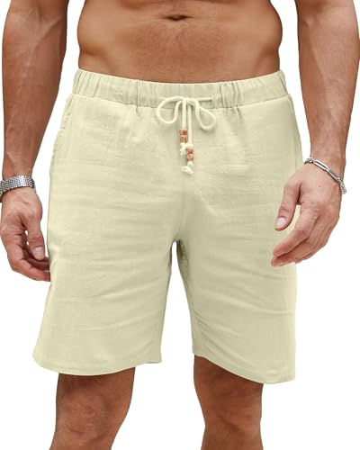 LVCBL Leinen Shorts Herren Sommer Strand Leichtes Bermuda Shorts mit Taschen Beige L