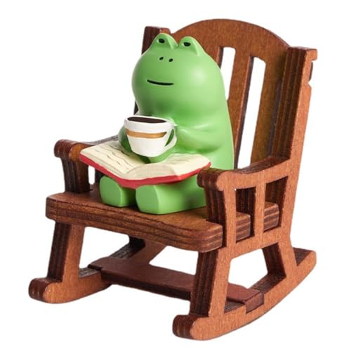 KARLOR Frosch Figure Deko Klein, Froschcharakter trinkt Kaffee auf Schaukelstuh, Frosch Statue Auto Ornamente Frosch Garten Deko Puppenhaus Dekoration Desktop Tisch deko