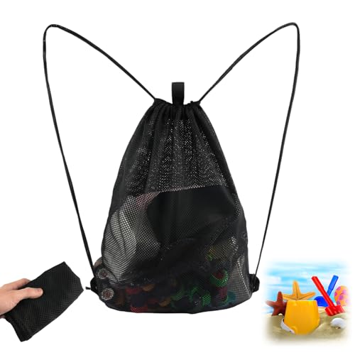 Mesh Strandtasche, Groß Sandspielzeug Tasche Netztasche Strand（45×60CM),Tragbar Netzrucksäcke mit Kordelzug, Sommer Aufbewahrungsnetztasche für zum Schwimmen, Tauchen, Reisen und Fitness-Schwarz