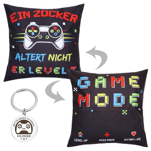 Livdouyu 45x45 cm Originelles Dekokissen, Männerkissen mit 3 Taschen und Spruch, EIN Zocker altert Nicht, Doppelseitiges Dekokissen Kissenbezug mit Schlüsselanhänger, Jugendzimmer Geburtstagsgeschenk