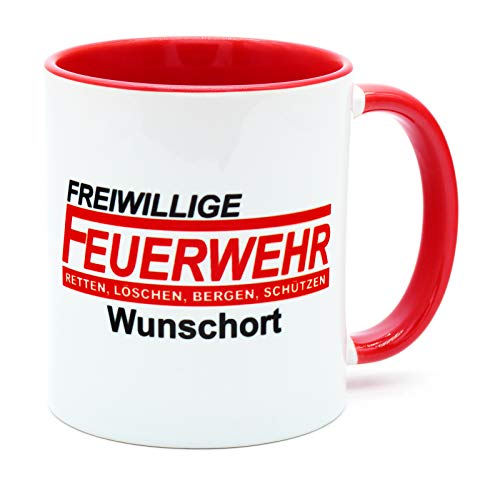 Freiwillige Feuerwehr Tasse mit Namen/Ort personalisiert Geschenk Feuerwehrmann Feuerwehrfrau Jugendfeuerwehr Feuerwehrgeschenke Zubehör Ausrüstung Gadgets Männer Erwachsene Merch Keramik 330 ml
