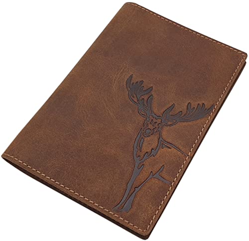 Büffel-Vollleder Ausweismappe mit Hirsch-, Wildschwein-, Totenkopf-Motiv oder ohne Motiv für Fahrzeugschein, Schwerbehindertenausweis, Waffenschein, Jagdschein etc. (Hirsch-Motiv/Braun)