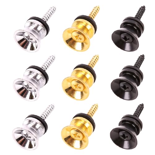 JTKREW 9 Stück Gitarrengurt Knöpfe Metall Gitarrengurt Endknopf mit Befestigungsschrauben und Gummi Kissen für Klassische Elektrische Akustik Gitarre Bass Ukulele(Gold,Schwarz,Silber)