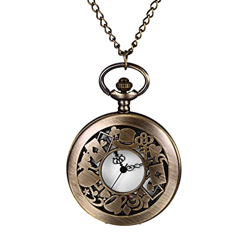 JewelryWe Taschenuhr Herren Retro Alice im Wunderland Skelett Kettenuhr mit Römischen Ziffern Vintage Analog Quarz Uhr Anhänger mit Halskette Kette für Damen Männer Bronze