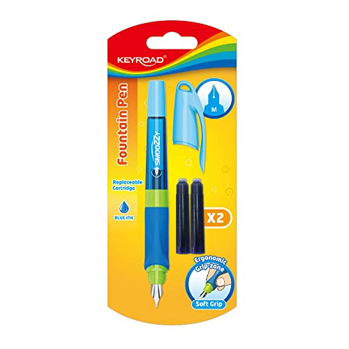 KeyRoad Ergonomischer Füllfederhalter SMOOZZY WRITER - M/Schreibfarbe Blau/im Lieferumfang 2 Patronen mit blauer Tinte/Rutschfest Gummierte Griffstück/Mischfarben, keine Auswahl möglich