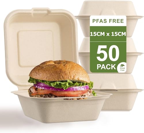 LATERN 50 Stück Muschelschale Lebensmittelbehälter, 15CM x 15CM Bagasse Takeaway Boxen 100% Kompostierbare Lebensmittelbehälter Einwegschüsseln mit Scharnier für Täglichen Gebrauch Restaurants Grillen