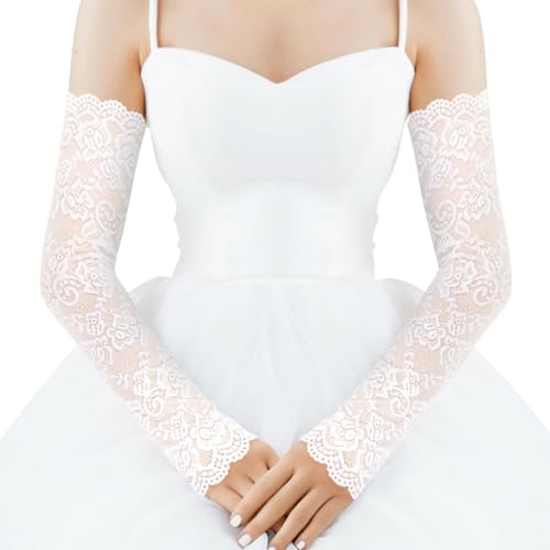 FloralGrace 1 Stück Weiß Spitze UV-Schutz Armstulpen für Damen, Lange Fingerlose Armstulpen Spitze Hochzeit Handschuhe