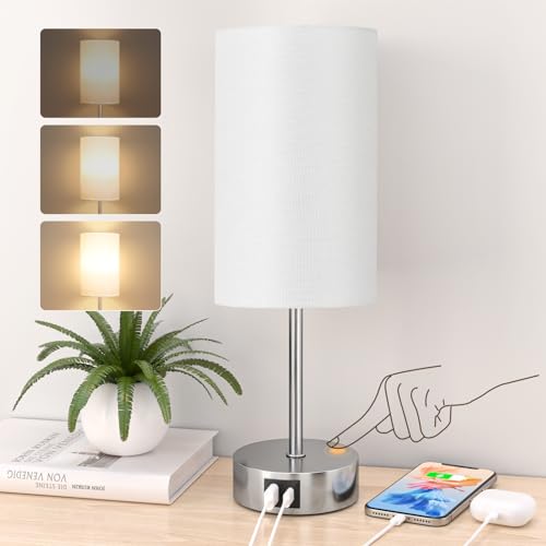 STANBOW Nachttischlampe Touch Dimmbar, Tischlampe mit USB A+C Ladeanschlüssen, Leinen-Lampenschirm, Kleine Lampe für Schlafzimmer, Wohnzimmer