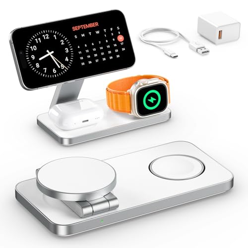 Kompatibel mit Magsafe Ladegerät,QTlier Ladestation Apple Watch und iPhone Kompatibel mit iPhone 16/15/14/13/12 Serie,Mag Safe Ladestation für Apple Watch 10/9/8/7/6/5/4/SE und AirPods 3/2/Pro (Weiß)