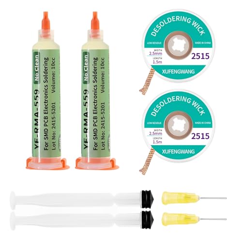 YF-RMA-559 Flussmittel Löten, 10ml No-Clean Bleifreies Kolophonium Flussmittel(2 Stück Mit Zwei Nadeln), 2.5mm Entlötlitze(2 Stück), Geeignet Für Handy-Lötungen,Bga,Haushaltsgerätereparaturen