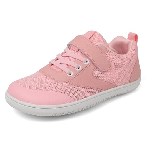 TIAROOTT Unisex Kinder Barfußschuhe Breite Junge Mädchen Minimalistische mit Klettverschluss Laufschuhe für Fitness Traillauf Freizeit Atmungsaktiv Leicht rutschfest Sneaker Komfortable,Rosa,Gr.27