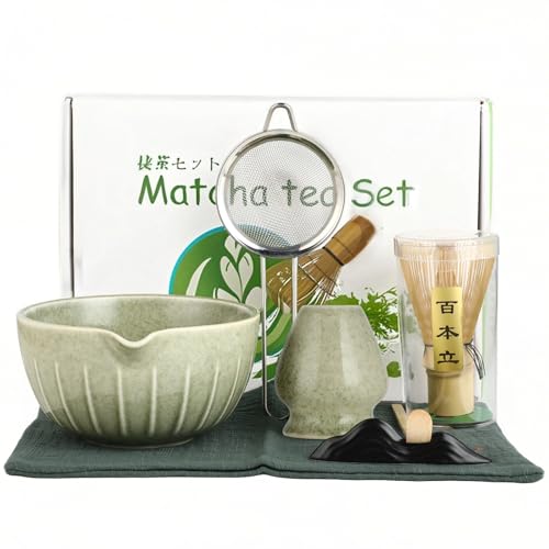 Matcha Set - Matcha Tea Set 7 Piece - Matcha Besen Set - für Einsteiger - Matcha Besen, Matcha Filtersieb, Matcha-Schale, Matcha Löffel, Teetuch, Keramik-Chasenhalter und Keramik-Löffelhalter
