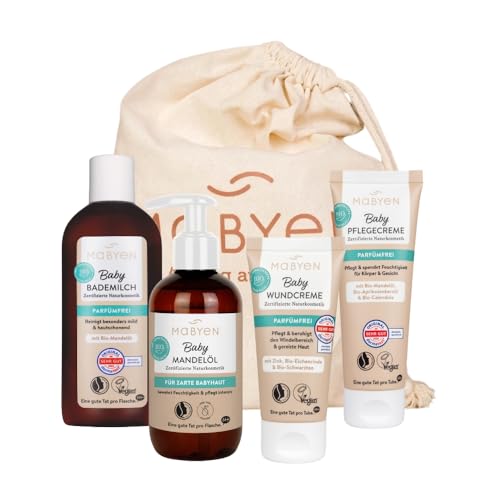 MABYEN Babypflege Basis Starter Set | Naturkosmetik - 4 Produkte + Stoffbeutel - Bio - Baby Ausstattung - Geschenkset - mit 1x Bademilch, 1x Pflegecreme, 1x Wundcreme & 1x Mandelöl