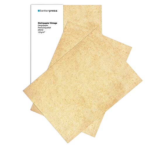 Betterpress® 100 Blatt DIN A4 120 g/m² Urkundenpapier A4 bedruckbar Gastropapier Briefpapier Altes Vintage Papier Elefantenhaut Papier Speisekartenpapier beidseitig Schatzkarte Flaschenpost