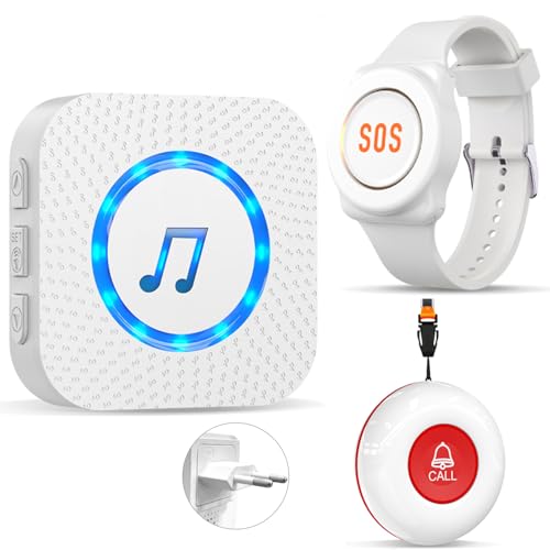 ChunHee Notrufknopf für Senioren/Senioren Notruf/Notrufarmband für Senioren/Funkalarm Sender und Empänger SOS Alarm Kabellos für Pflegebedürftige Mann (Receiver*1 + Transmitter*1+Uhr *1 (Weiß))