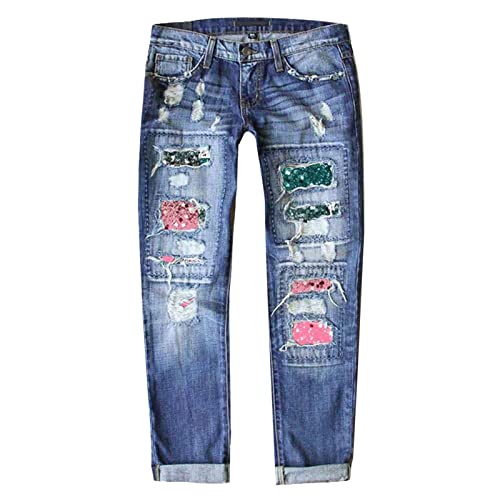 Festliche Hosen Damen Elegant Mit Glitzer Jeanshose Gerade Breites Bein Jeans Hose Valentinstag Elegante Langes Jeanshosen Löchern High Waist Locker Hohe Taille Freizeithose Stretch (Pink, XL)