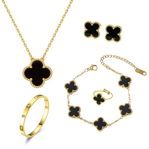 Herr Ozean Vierblättriges Kleeblatt Armband, 18K Roségold Plattiert Edelstahl Zweiseitig Weiß Schwarz Anhänger Halskette, Clean Girl Stuff, Vierblättriges Glücksklee Schmuckset Geschenke (Schwarz)