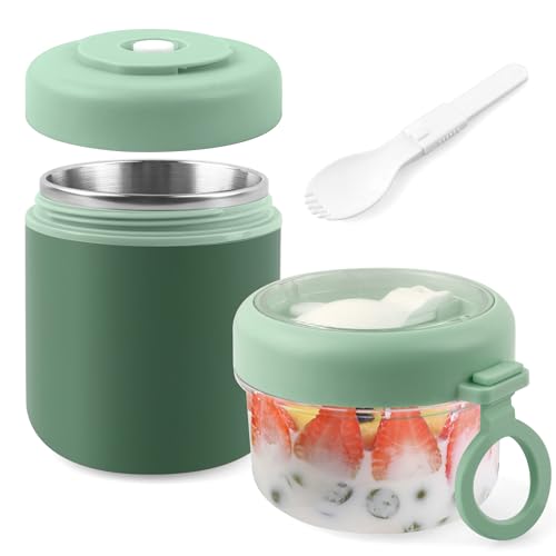 Acasimo Edelstahl Müslibecher to Go, Joghurtbecher to Go Mit Löffel, 530ml+330ml Tragbarer Auslaufsicherer Müslibecher Geeignet für Gefrierschrank, Spülmaschine (Grün)