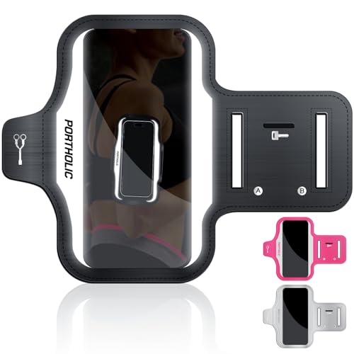 PORTHOLIC Laufarmband mit großen reflektierenden Streifen für iPhone 16, 15 Pro Max,Galaxy S25/S24 Ultra – Wasserdichter Sport-Handyhalter mit Verlängerungsgurt, Schlüsselkartenfach & Kopfhörerhalter
