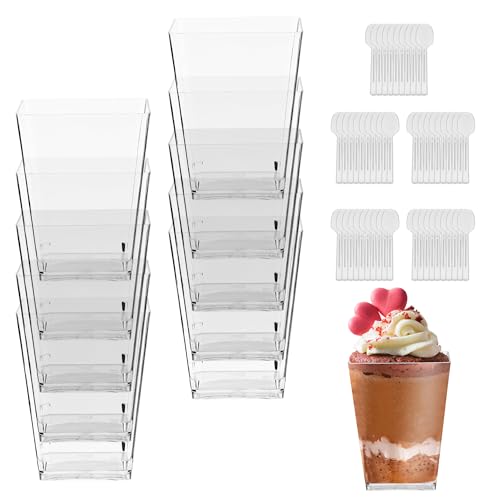 Dessertgläser 5 OZ /160ML, 50 Stück Desserttasse mit 50 Stück Löffeln. Dessertgläser Plastik Transparenten, Trapezförmig Desert Becher für Mousse Kuchen, Eis, Joghurt, Pudding，Wiederverwendbare