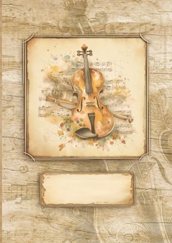 Notenheft für Geigenspieler: im antiken Vintage-Stil || A4 Notenblätter mit 12 Systemen je Seite || Inkl. 3 Rätsel zum Thema "Musik" || Ideal als Geschenk für Violinist, Bratschist, Musikstudent