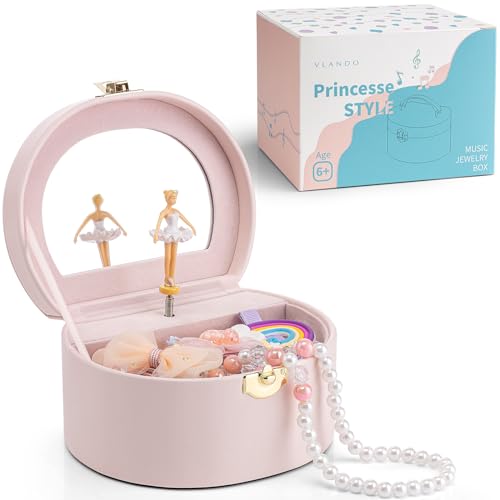 Vlando Schmuckkästchen Mädchen mit Spieluhr, Schmuckkasten Kinder mit Drehendem Ballerina & Spiegel, Spielzeug Geschenk 4 5 Jahre Mädchen, Schmuckschatulle mädchen aus Leder mit DIY Aufkleber