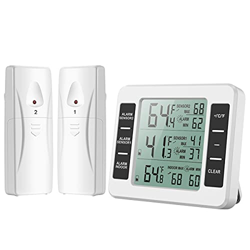 Kühlschrank Thermometer, Ankilo Upgrade Digital Thermometer mit 2 Sensor,Gefrierschrank Thermometer Wireless mit LCD-Display,Temperatur Alarm,Temperatur Tester für Haus
