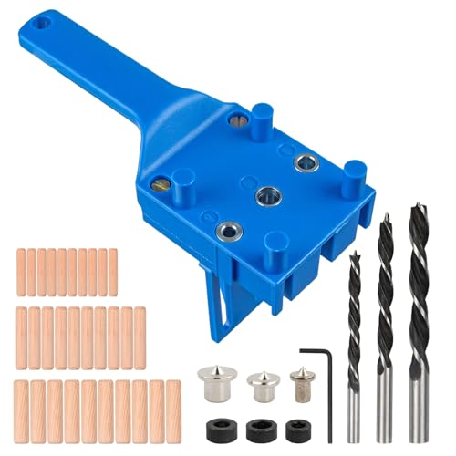 6/8/10 mm Holzdübel Bohrschablone, Bohrhilfe, Handheld Holz Bohrung Kit, Holzbearbeitung Dübelsatz, Dübelschablone, Bohrhilfe mit Holzbohrer und Dübel, Blau