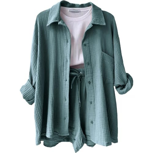 Generisch Set Damen Outfit, Summer Zweiteiler Musselin Bluse Set Outfit Leinen Hemd Und Shorts Y2K Sportanzug (S, Blue)