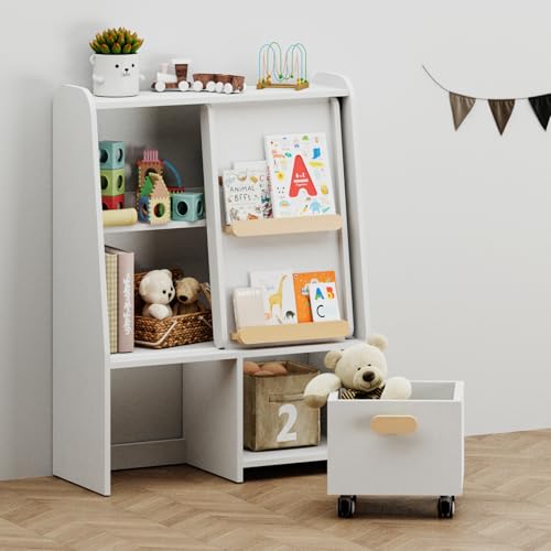 BanaSuper Kinder Bücherregal und Spielzeugregal, Multifunktionale Aufbewahrungseinheit mit Schiebetür, Offenem Regal und Boxen für das Kinderzimmer, Montessori bücherregal für Spielzimmer