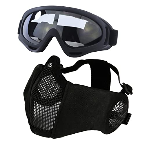 Yzpacc Taktische Airsoft Maskenbrille Set, Verstellbare Halbgesichtsmaske mit Ohrenschutz, Anti-UV, Airsoft Gläser, Augenschutz für Airsoft/BB/CS-Spiele/Jagd/Paintball/Shooting