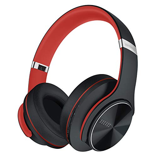 DOQAUS Bluetooth Kopfhörer Over Ear, [Bis zu 52 Std] HiFi Stereo Kopfhörer Kabellos mit 3 EQ-Modi, Bluetooth Headset mit Mikrofon & Weiche Ohrpolster für iPhone/ipad/Android/Laptops-Rot Schwarz