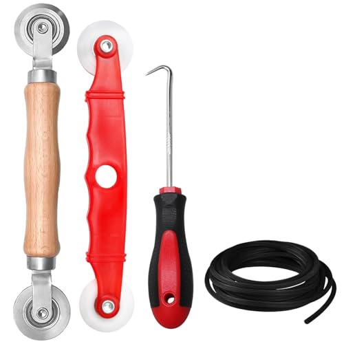 RAFIYU 4 Stück Fliegengitter Reparatur Set, Doppelrad Dichtungseinroller Spline Roller, Werkzeug Einzieher Einroller für Fliegengitter Rolle, Kederband Haken Werkzeug mit 15m x 5mm Keder Gummischnur