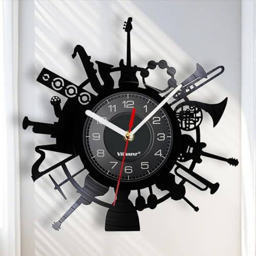 Viiluuxr 30 cm Vinyl-Wanduhr Gitarre Musikinstrument Wanduhr, Musikzimmer Musikinstrumentenladen Zuhause Wohnzimmerdekoration Musikfans Freunde Geschenkideen Kinder Uhr. (C-Schwarz)