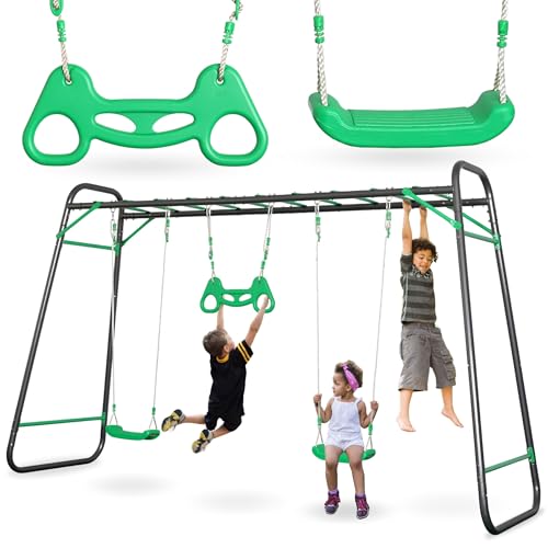 HyperMotion Swing HYP17 Gartenschaukel-Set XXL: 2 Schaukelsitze, Kletterleiter und Turntrapez - Stabiler Stahlrahmen belastbar bis 150 kg - Outdoor-Spielgerät für den Garten