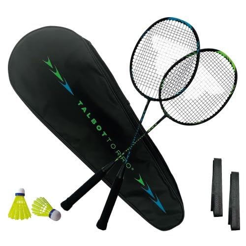 Talbot-Torro Badminton Set Professional | 2 Carbon-Schläger | 2 Federbälle | 2 Griffbänder | Schlägertasche | Leicht & Robust | Für Anfänger & Fortgeschrittene | Outdoor & Indoor