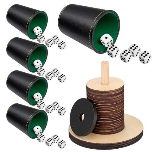 Schocken Set Schockbesteck mit Würfelbecher Leder mit 25 Stück Würfel Enthalten Scheiben und Ständer Schockbesteck Holz für Unterhaltungsspiele, Bar, Puzzles, Spielzubehör