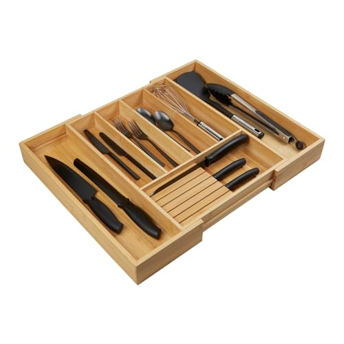 Orga-Box III BAMBUS Besteckeinsatz ausziehbar für Schubladenbreite von 40-60 cm für Nobilia Küchen ab August 2012 Holz-Besteckkasten mit 5-7 Fächer inkl. Messerblock