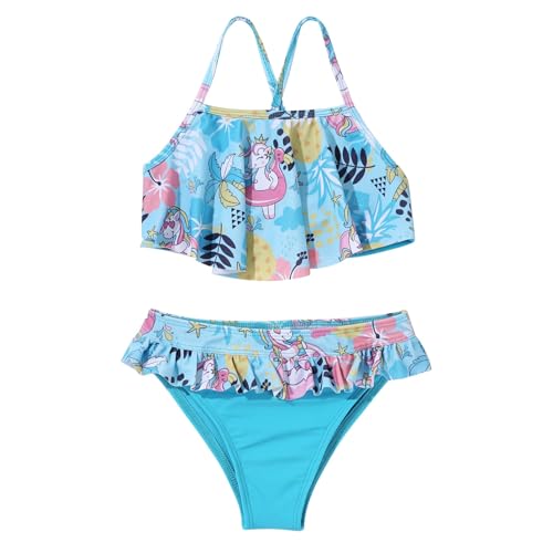 Jowowha Mädchen Bikini Badeanzug Zweiteiler Bademode Kinder Bikini Tankini Set Einhörner Meerjungfrau Crop Tops mit Badehose B Blau 92-98